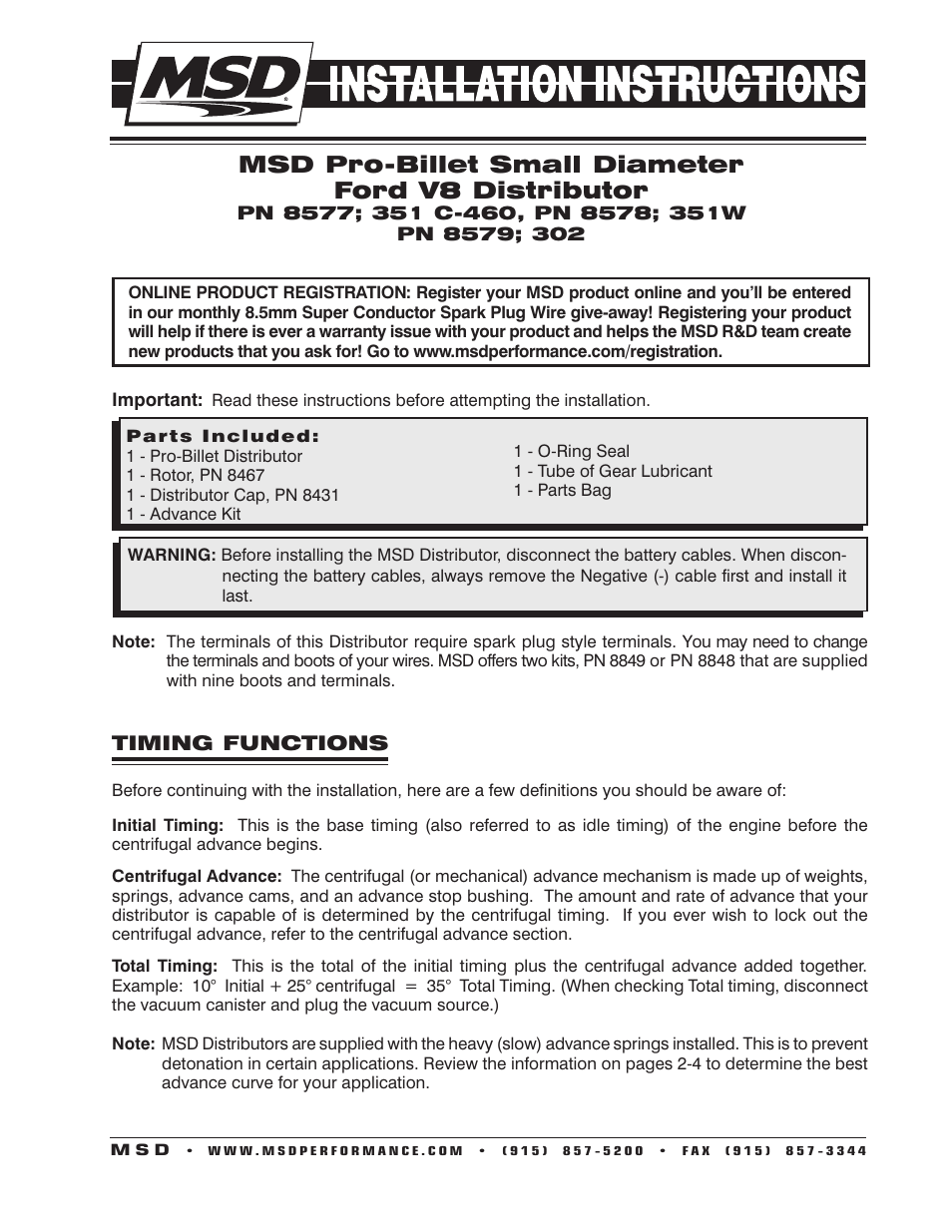 MSD 8579 Ford 302 Small Diameter Pro-Billet Distributor Installation User Manual | 8 pages