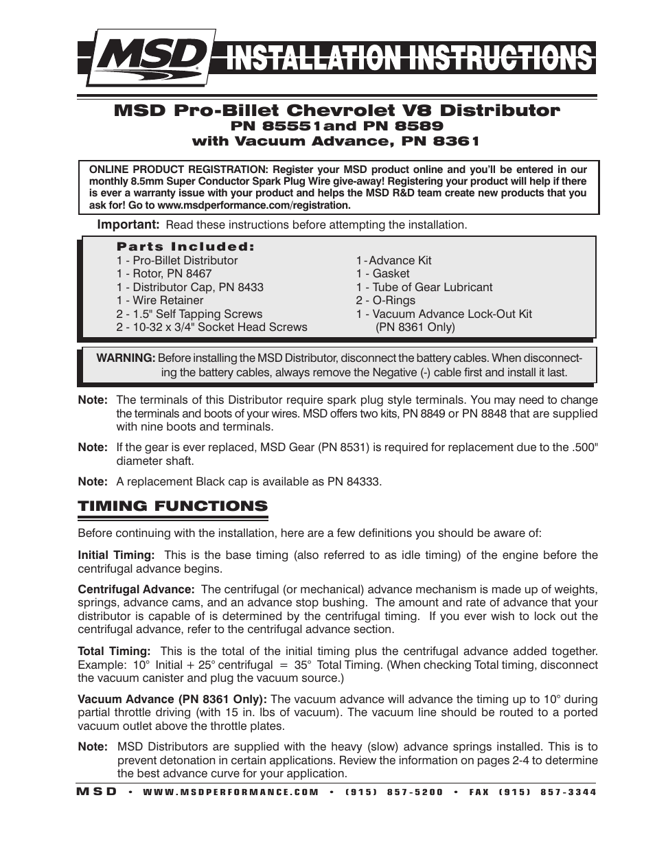MSD 85551 Chevy V8 Pro-Billet Distributor Installation User Manual | 8 pages