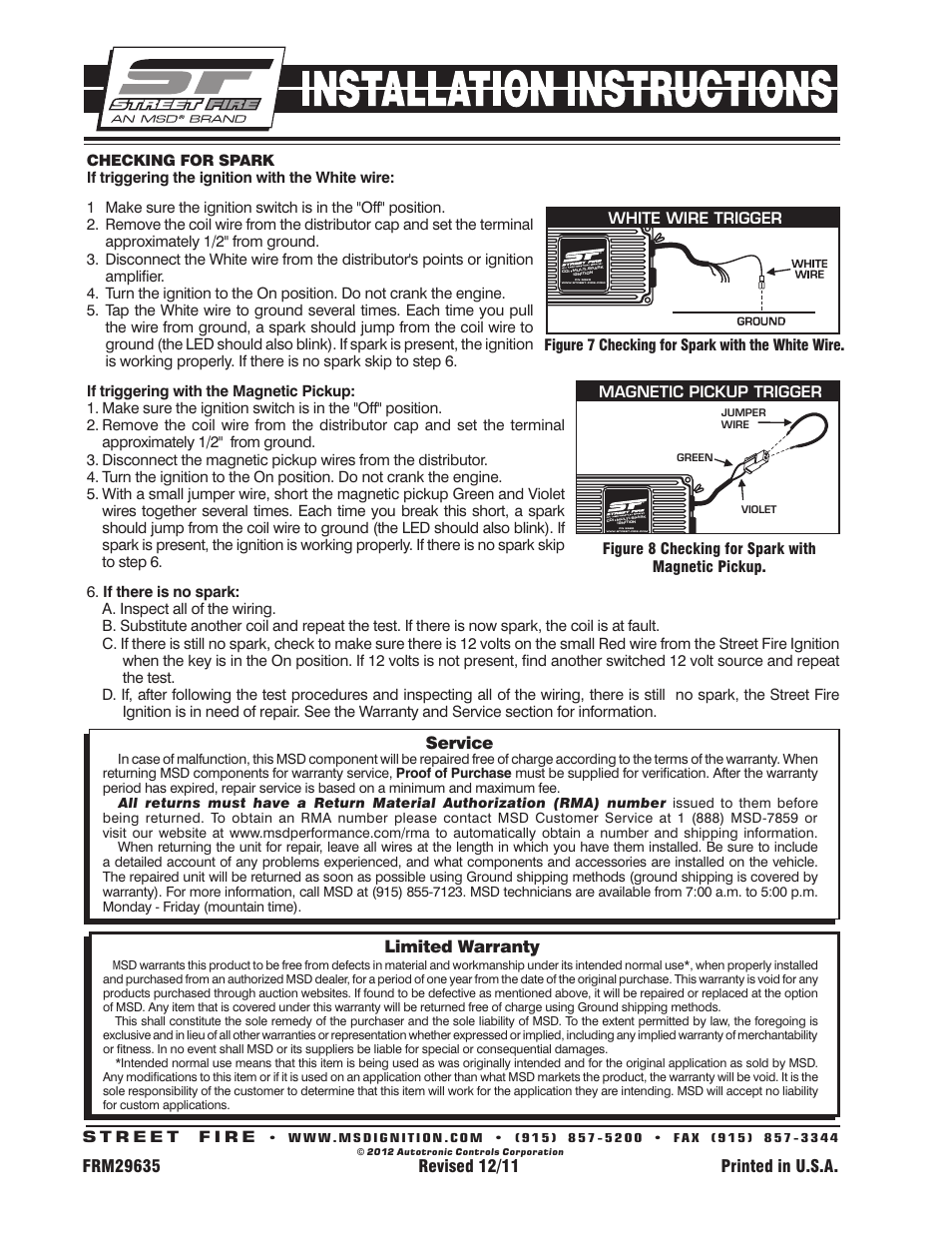 Limited warranty, Service | MSD 5520 Street Fire Ignition Control Installation User Manual | Page 12 / 12