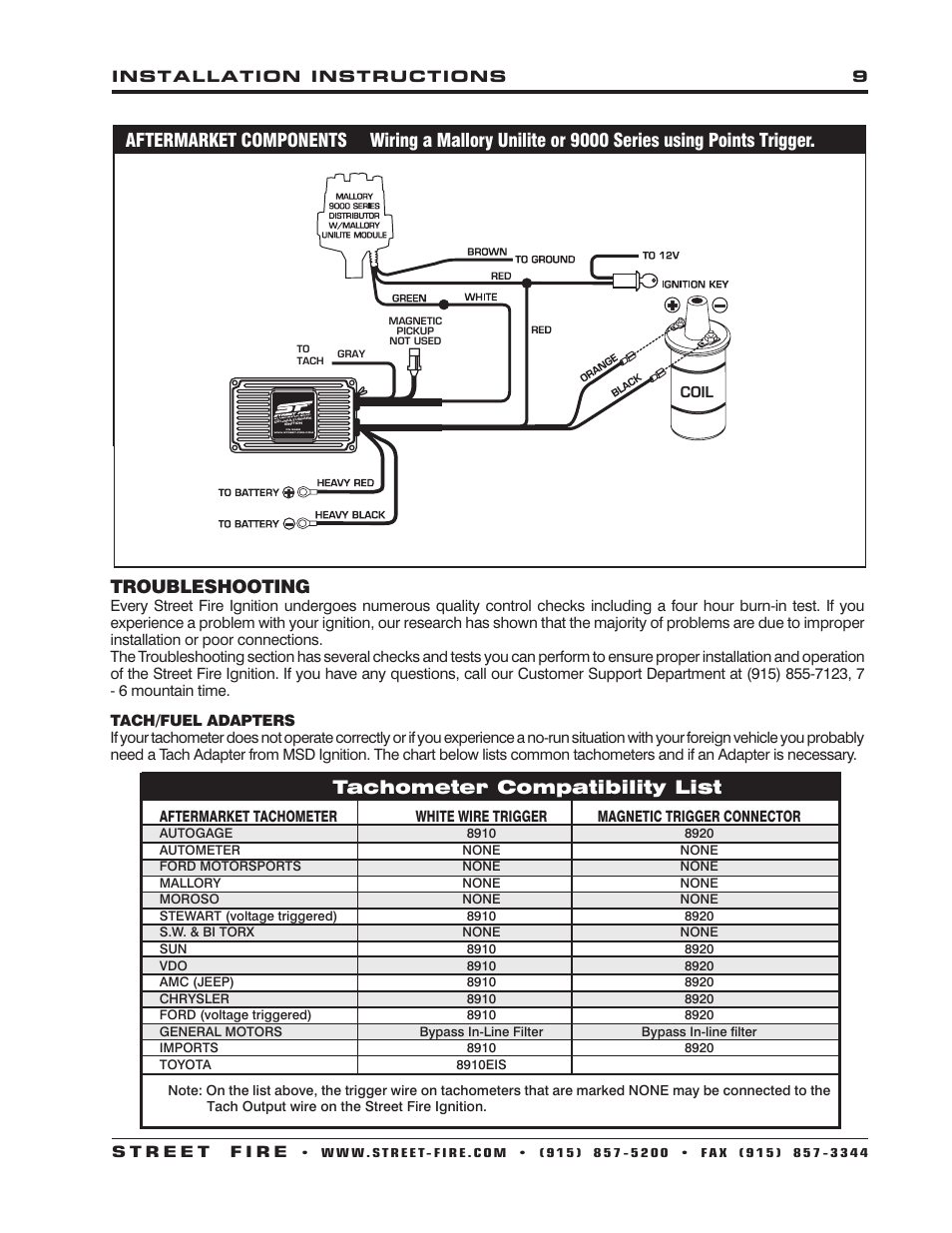 Troubleshooting, Tachometer compatibility list | MSD 5520 Street Fire Ignition Control Installation User Manual | Page 9 / 12