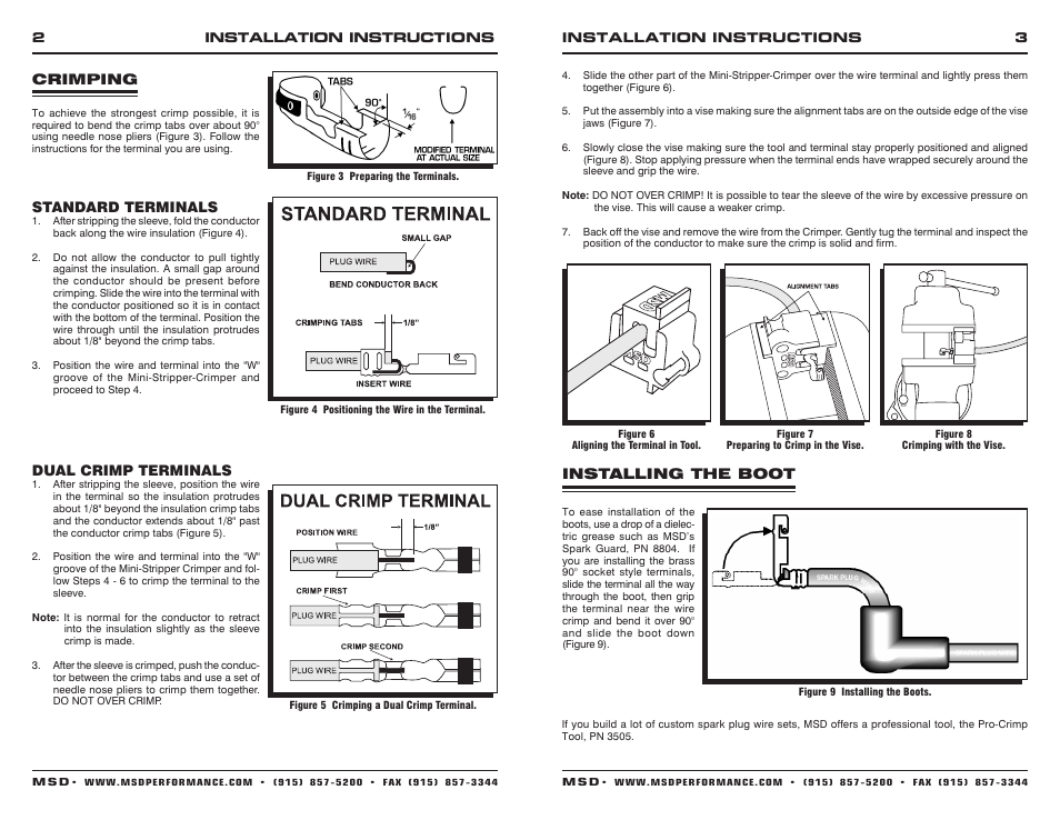 Installing the boot, Standard terminals, Crimping | Dual crimp terminals | MSD 3503 Mini Stripper Crimper, 8.5mm Super Conductor Wire Installation User Manual | Page 2 / 2