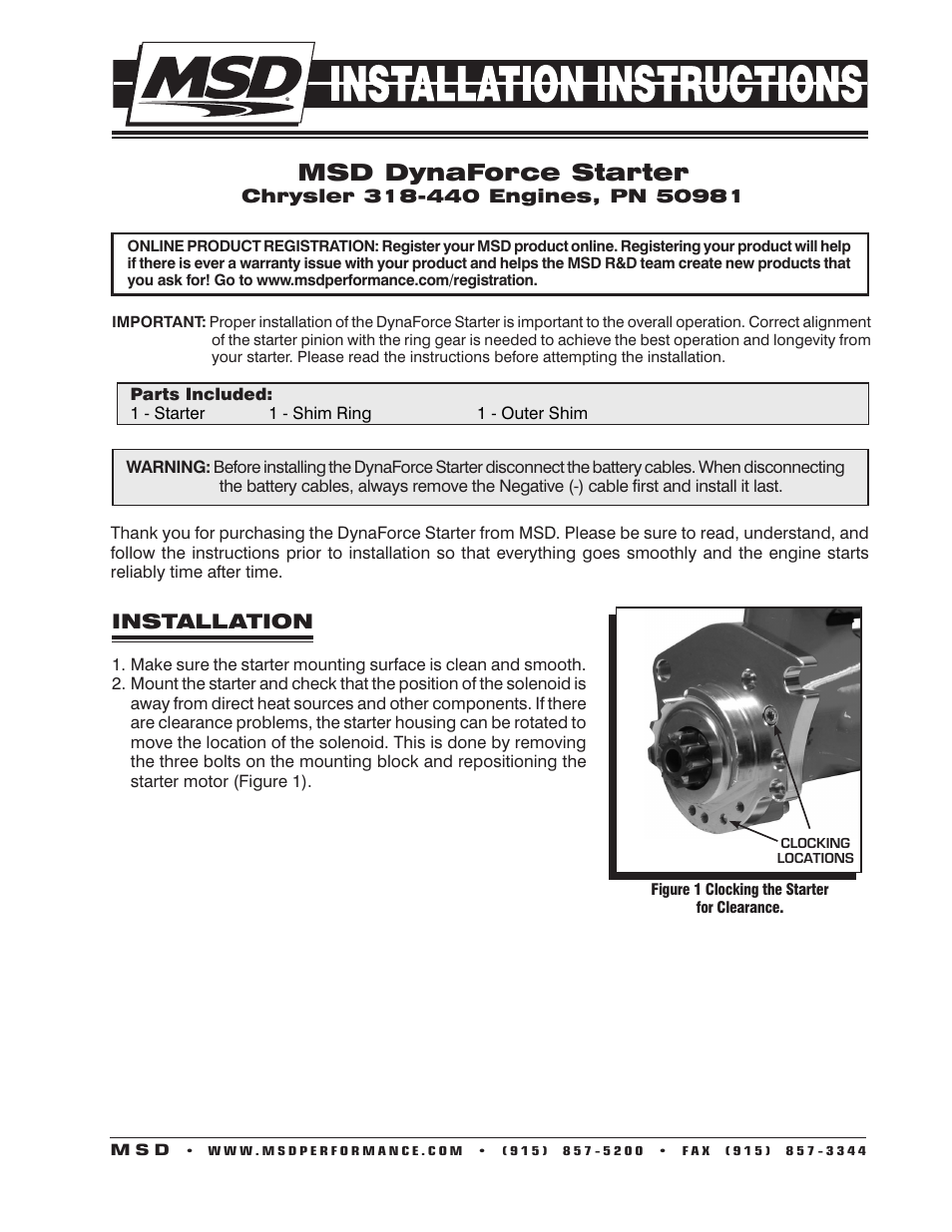 MSD 50981 DynaForce Starter, Chrysler 318-440 Engines Installation User Manual | 4 pages