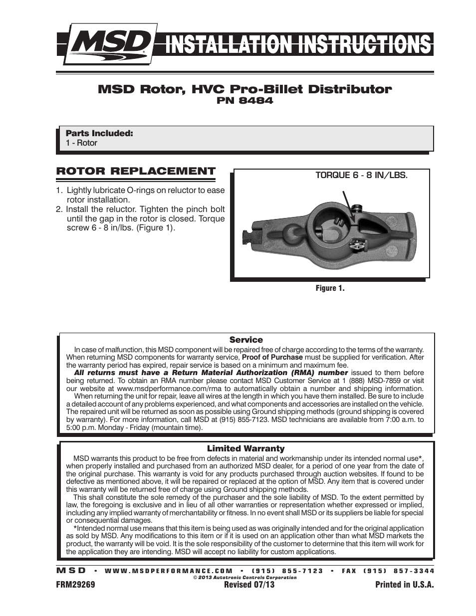 MSD 8484 HVC Professional Distributor Rotor Installation User Manual | 1 page
