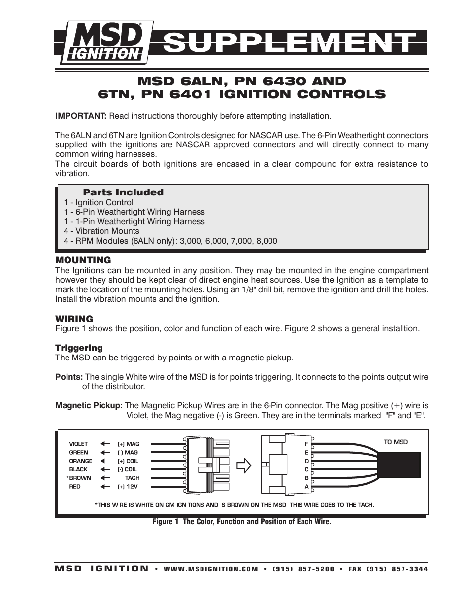 MSD 6430 6ALN Ignition Control Supplement User Manual | 2 pages