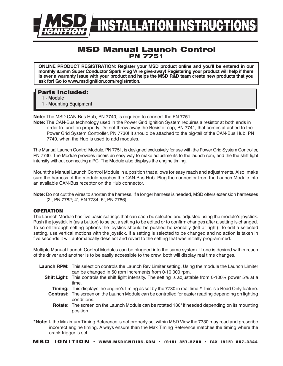 MSD 7751 Launch Control Module for Power Grid System Installation User Manual | 2 pages