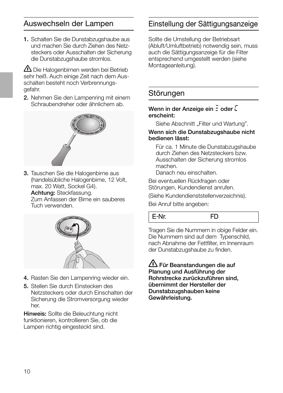 Störungen, Einstellung der sättigungsanzeige, Auswechseln der lampen | Siemens LC 957 AA 70 User Manual | Page 10 / 108