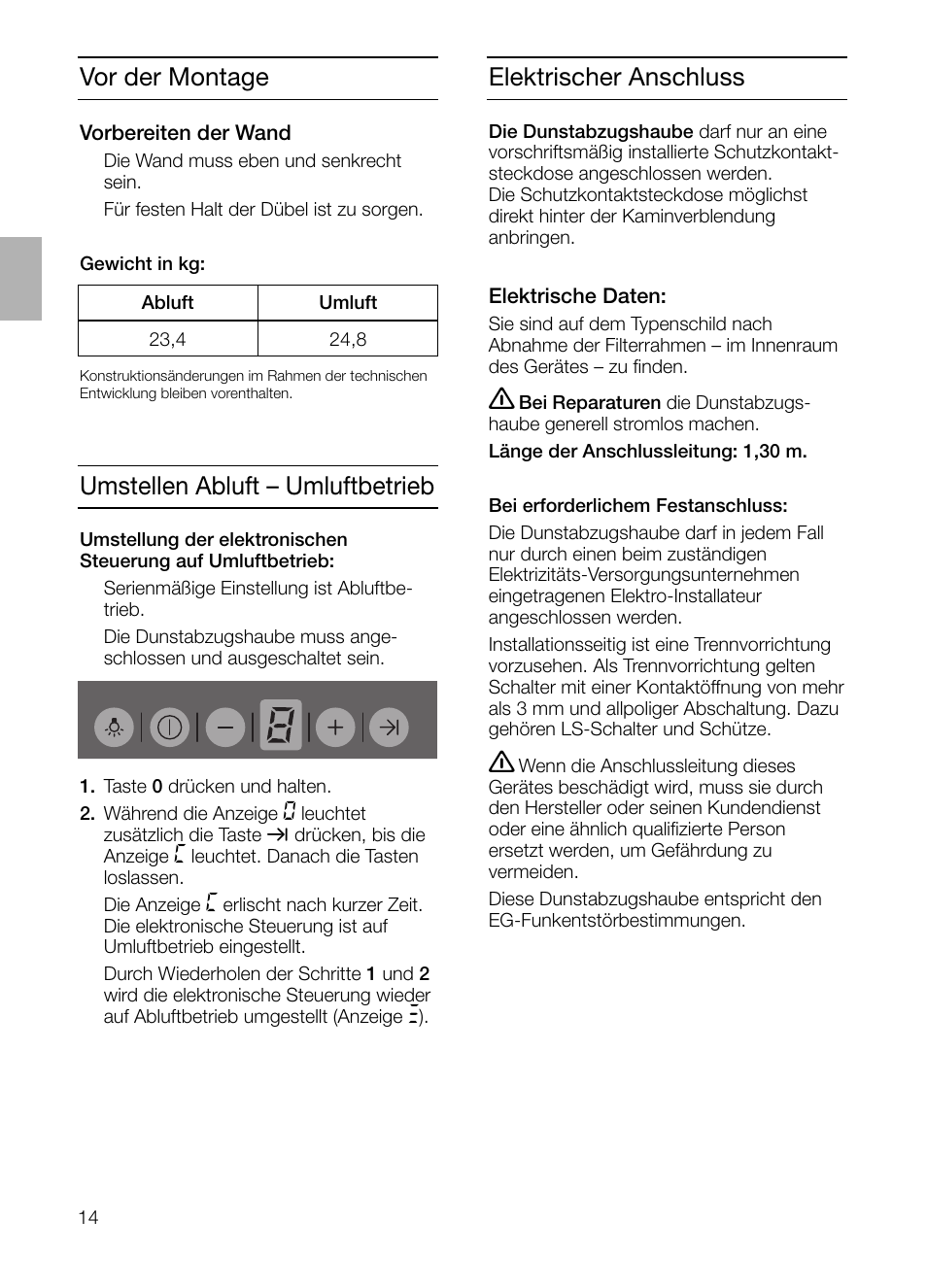 Elektrischer anschluss, Vor der montage, Umstellen abluft – umluftbetrieb | Siemens LC 957 AA 70 User Manual | Page 14 / 108