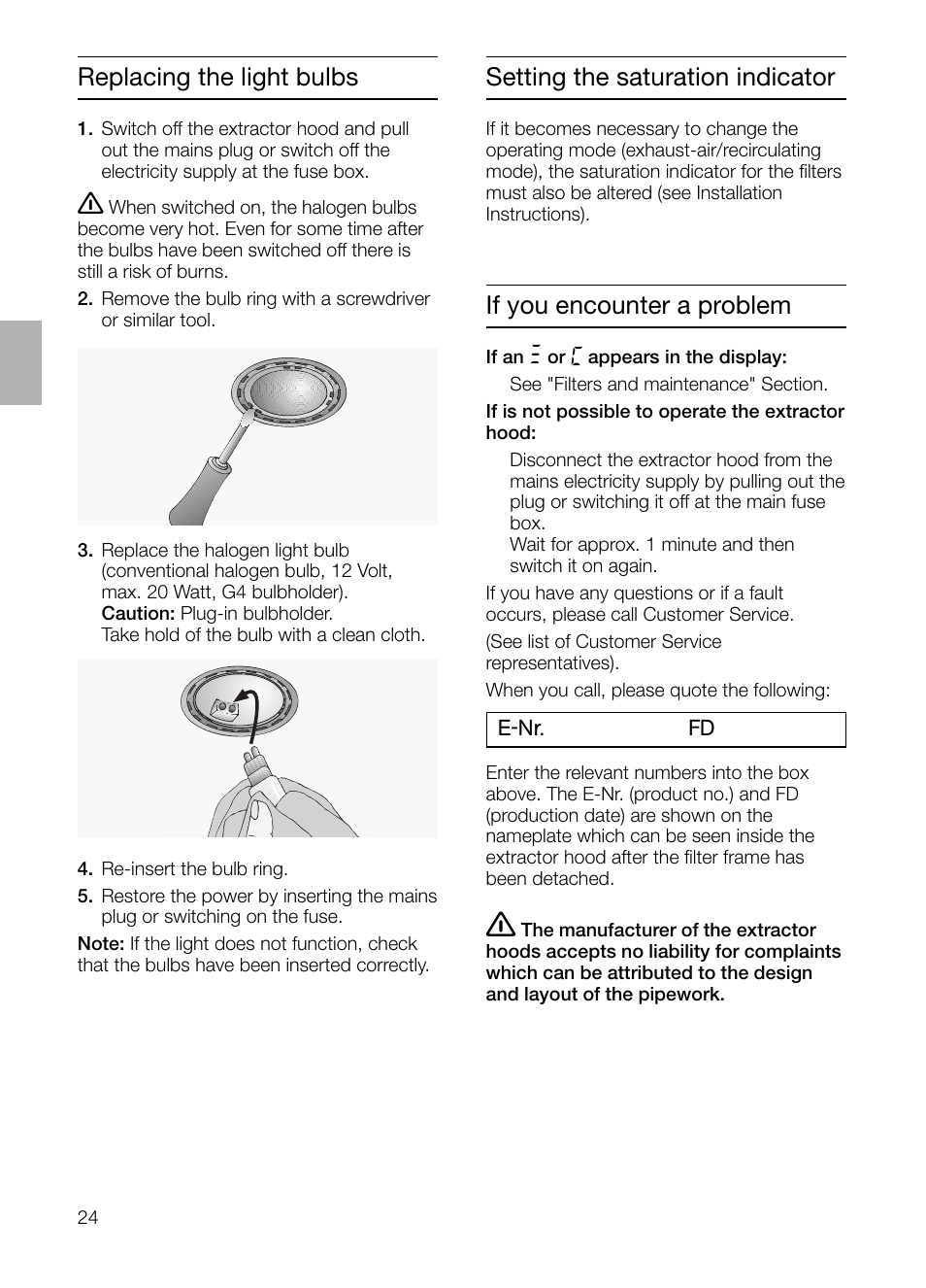 If you encounter a problem, Setting the saturation indicator, Replacing the light bulbs | Siemens LC 957 AA 70 User Manual | Page 24 / 108