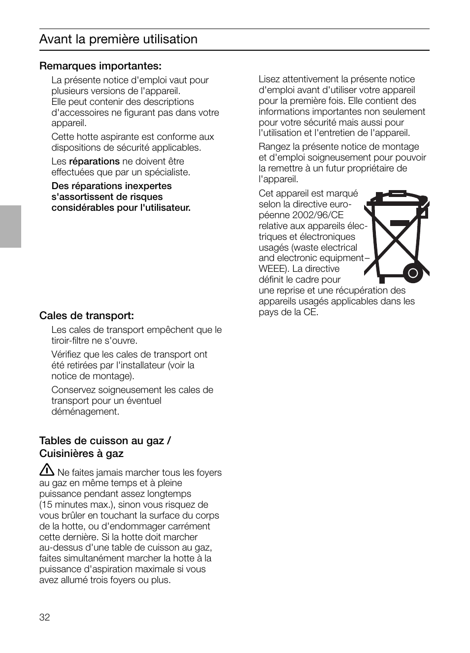 Avant la première utilisation | Siemens LC 957 AA 70 User Manual | Page 32 / 108