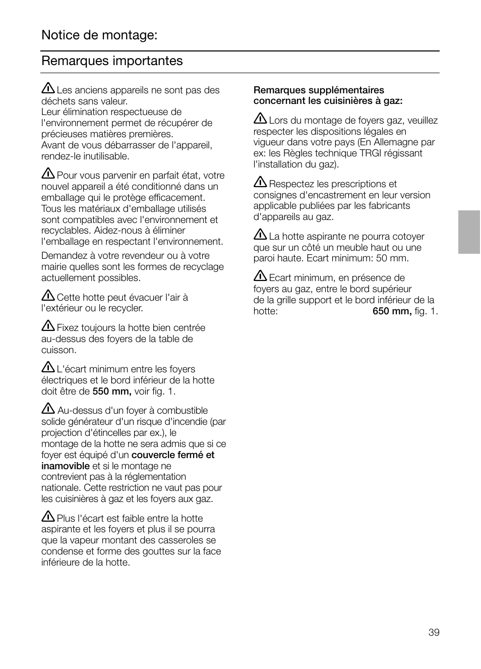 Remarques importantes notice de montage | Siemens LC 957 AA 70 User Manual | Page 39 / 108