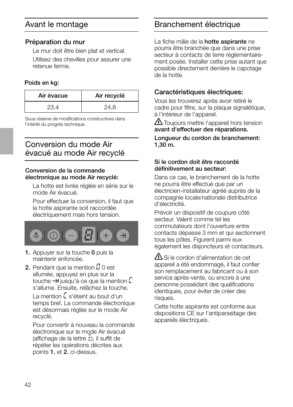 Avant le montage, Branchement électrique, Conversion du mode air évacué au mode air recyclé | Siemens LC 957 AA 70 User Manual | Page 42 / 108