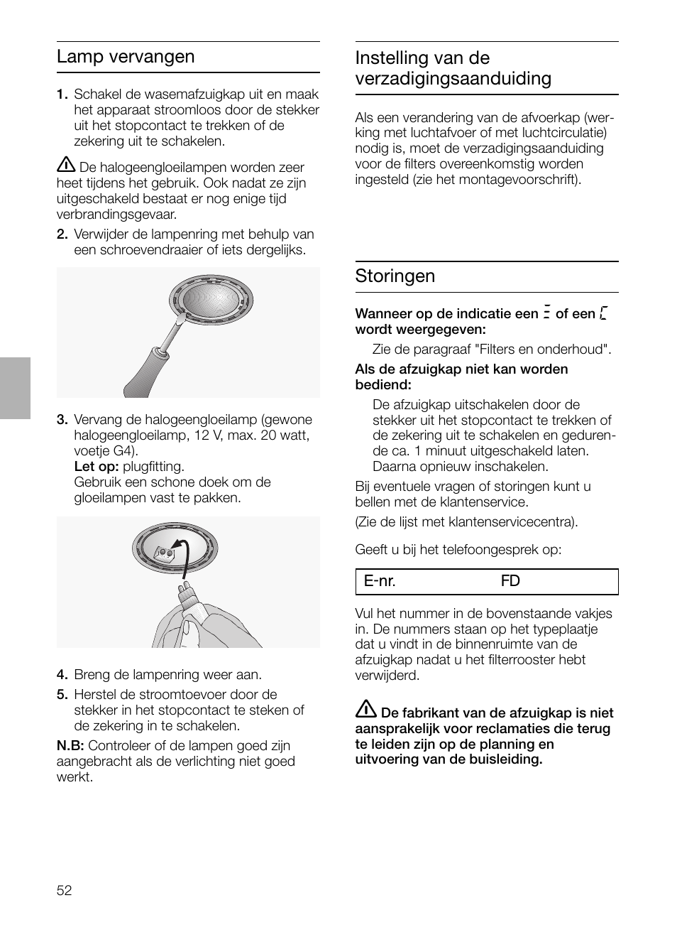 Storingen, Instelling van de verzadigingsaanduiding, Lamp vervangen | Siemens LC 957 AA 70 User Manual | Page 52 / 108
