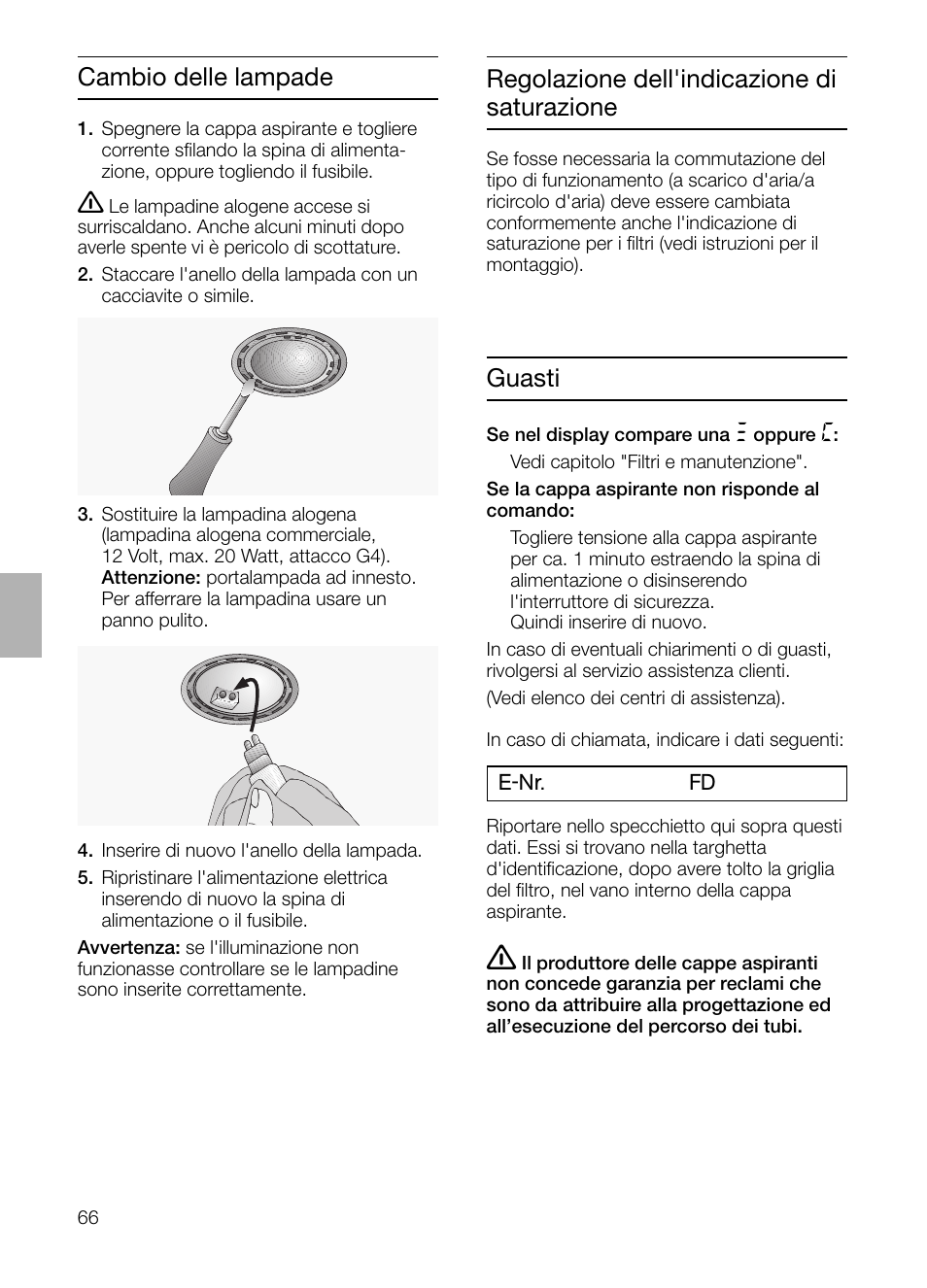 Guasti, Regolazione dell'indicazione di saturazione, Cambio delle lampade | Siemens LC 957 AA 70 User Manual | Page 66 / 108