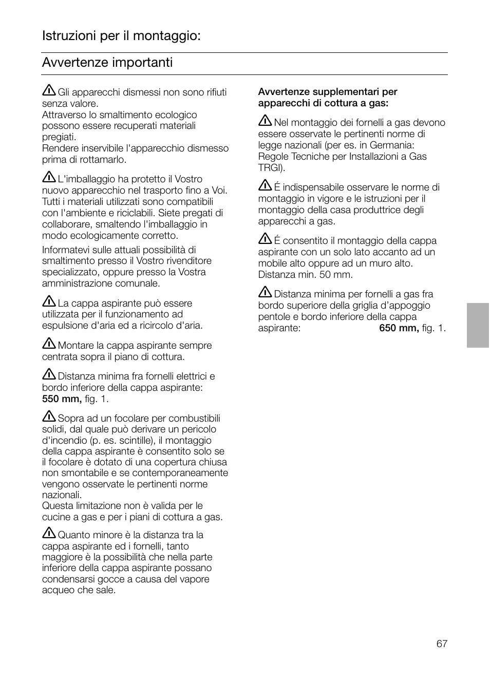 Avvertenze importanti istruzioni per il montaggio | Siemens LC 957 AA 70 User Manual | Page 67 / 108