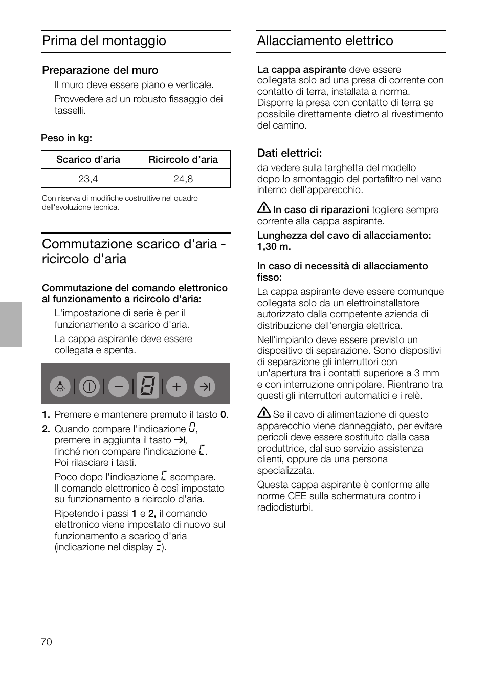 Prima del montaggio, Allacciamento elettrico, Commutazione scarico d'aria - ricircolo d'aria | Siemens LC 957 AA 70 User Manual | Page 70 / 108