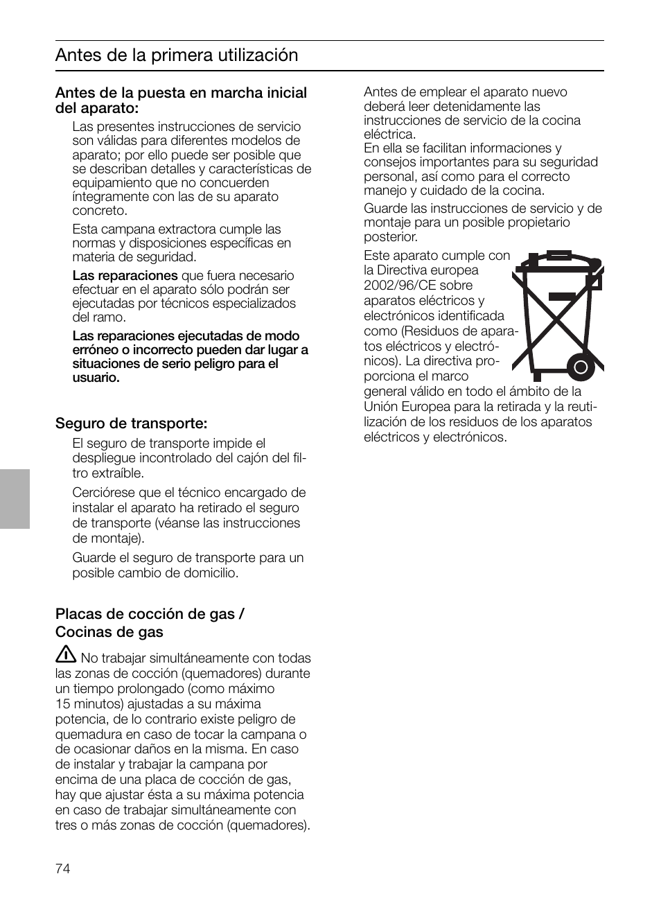 Antes de la primera utilización | Siemens LC 957 AA 70 User Manual | Page 74 / 108