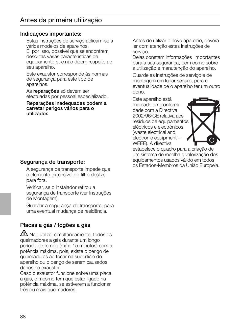 Antes da primeira utilização | Siemens LC 957 AA 70 User Manual | Page 88 / 108