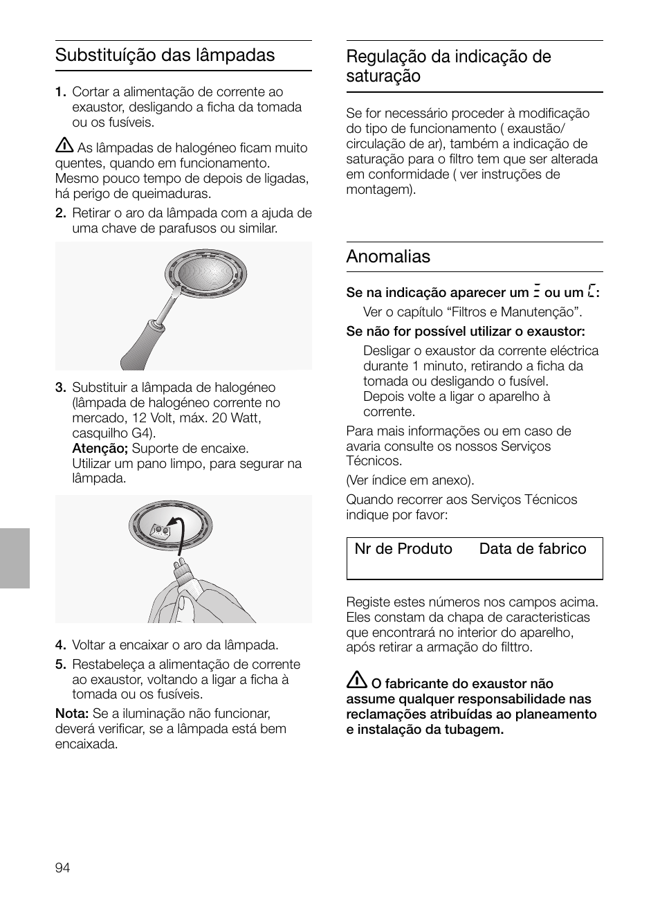 Anomalias regulação da indicação de saturação, Substituíção das lâmpadas | Siemens LC 957 AA 70 User Manual | Page 94 / 108