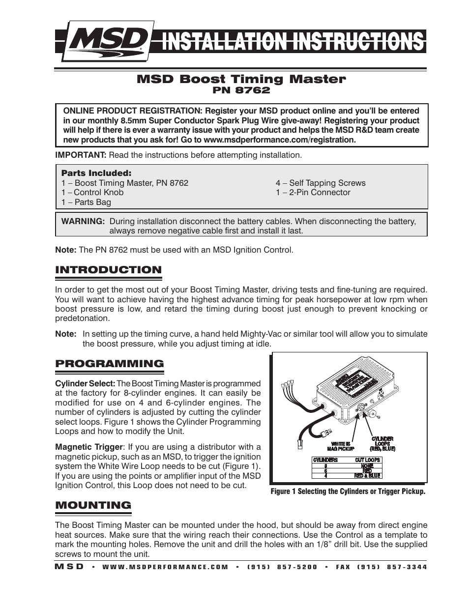 MSD 8762 Boost Timing Master for use with MSD Ignition Control Installation User Manual | 4 pages