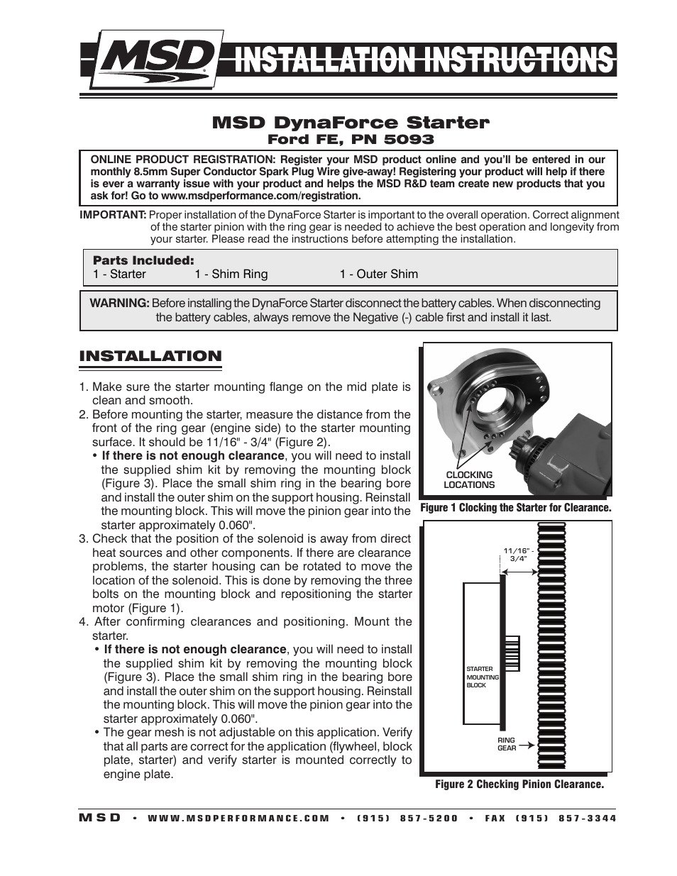 MSD 5093 DynaForce Starter Ford FE 390, 427, 428 Engines Installation User Manual | 4 pages