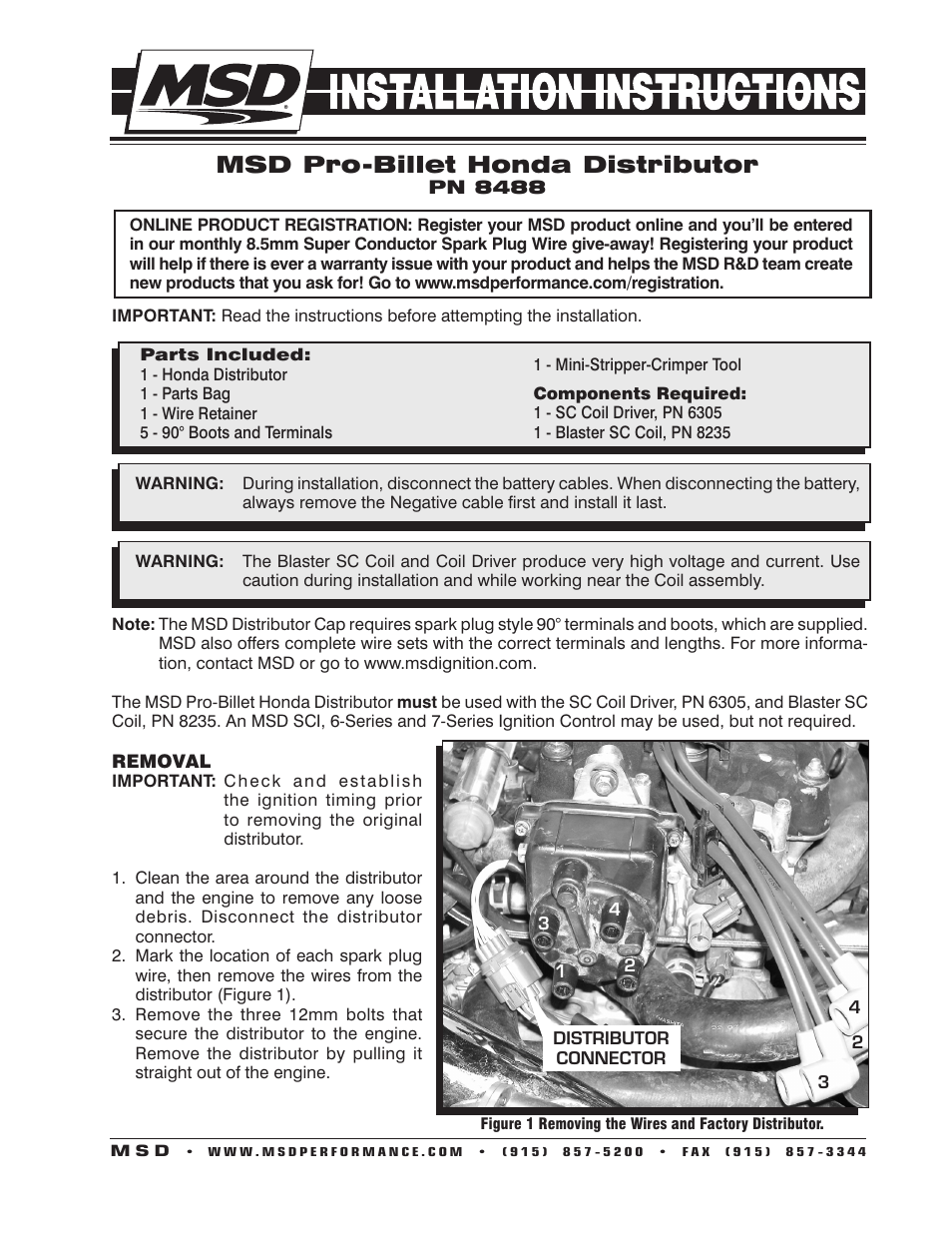 MSD 8488 Pro-Billet Honda Distributor, 92-95 Installation User Manual | 4 pages
