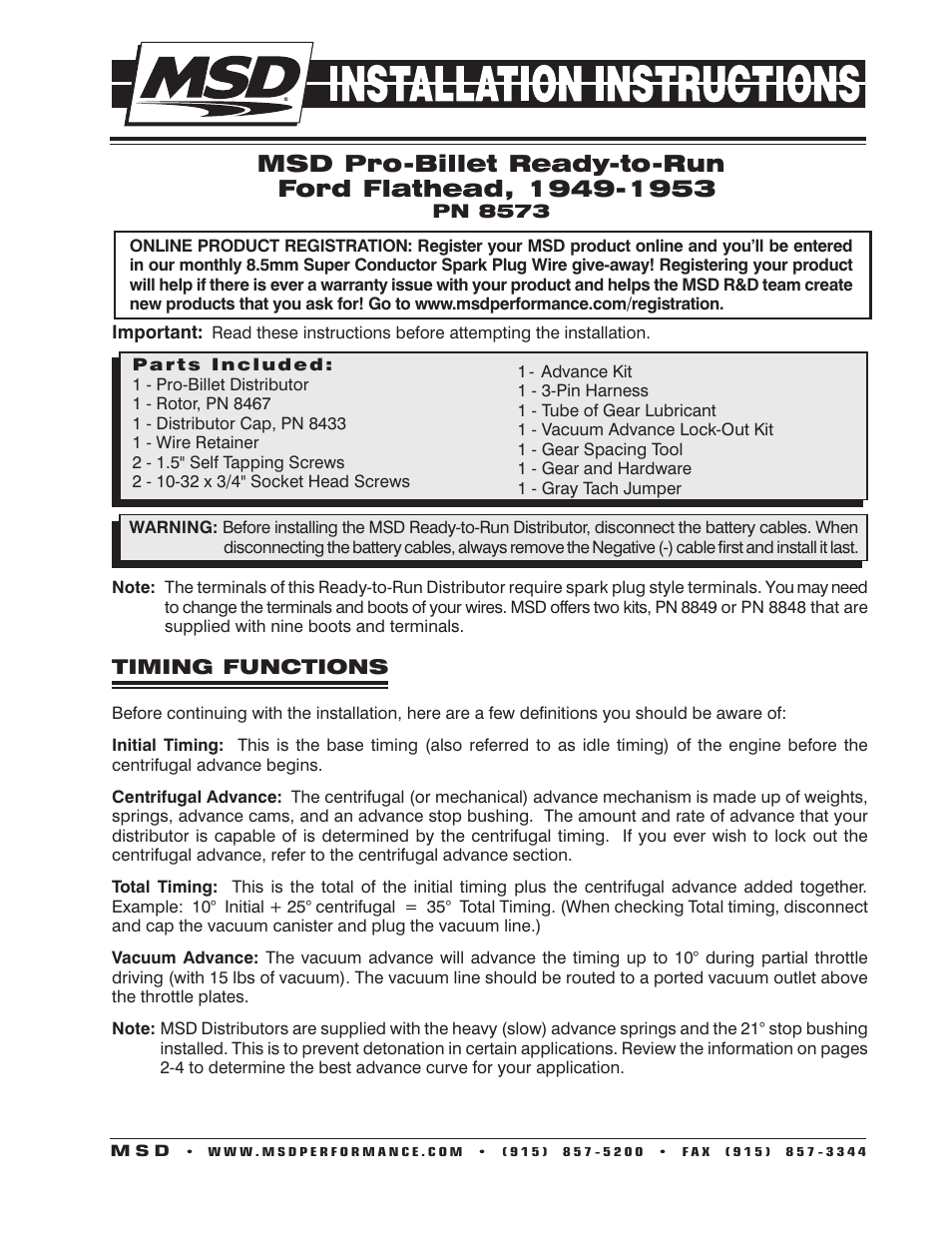 MSD 8573 Flathead Ford Ready to Run Distributor for '49-'53 Installation User Manual | 8 pages