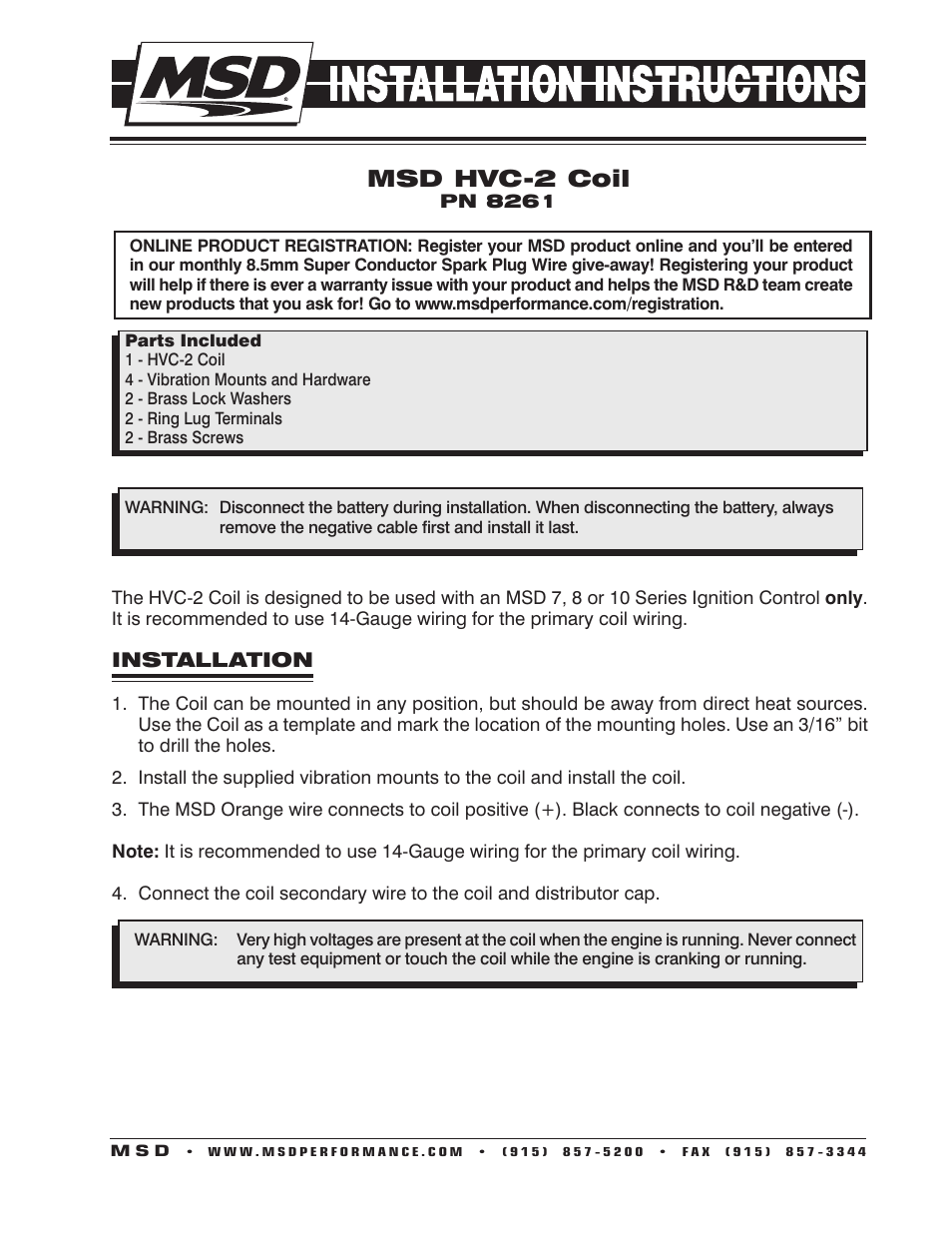 MSD 8261 HVC-2 Coil, 7 Series Ignitions Installation User Manual | 4 pages