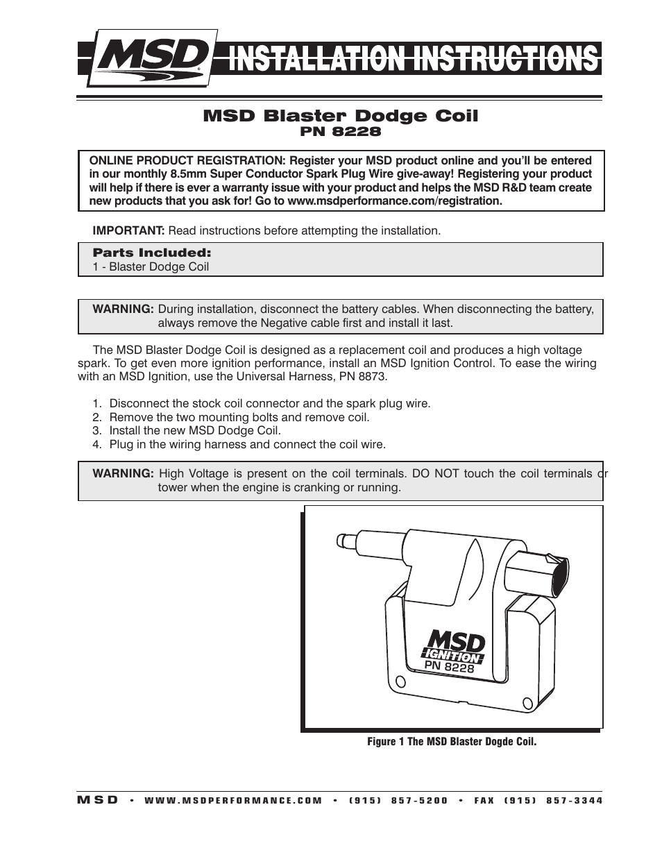 MSD 8228 Dodge Late Model Coil, 2 Pin Installation User Manual | 2 pages