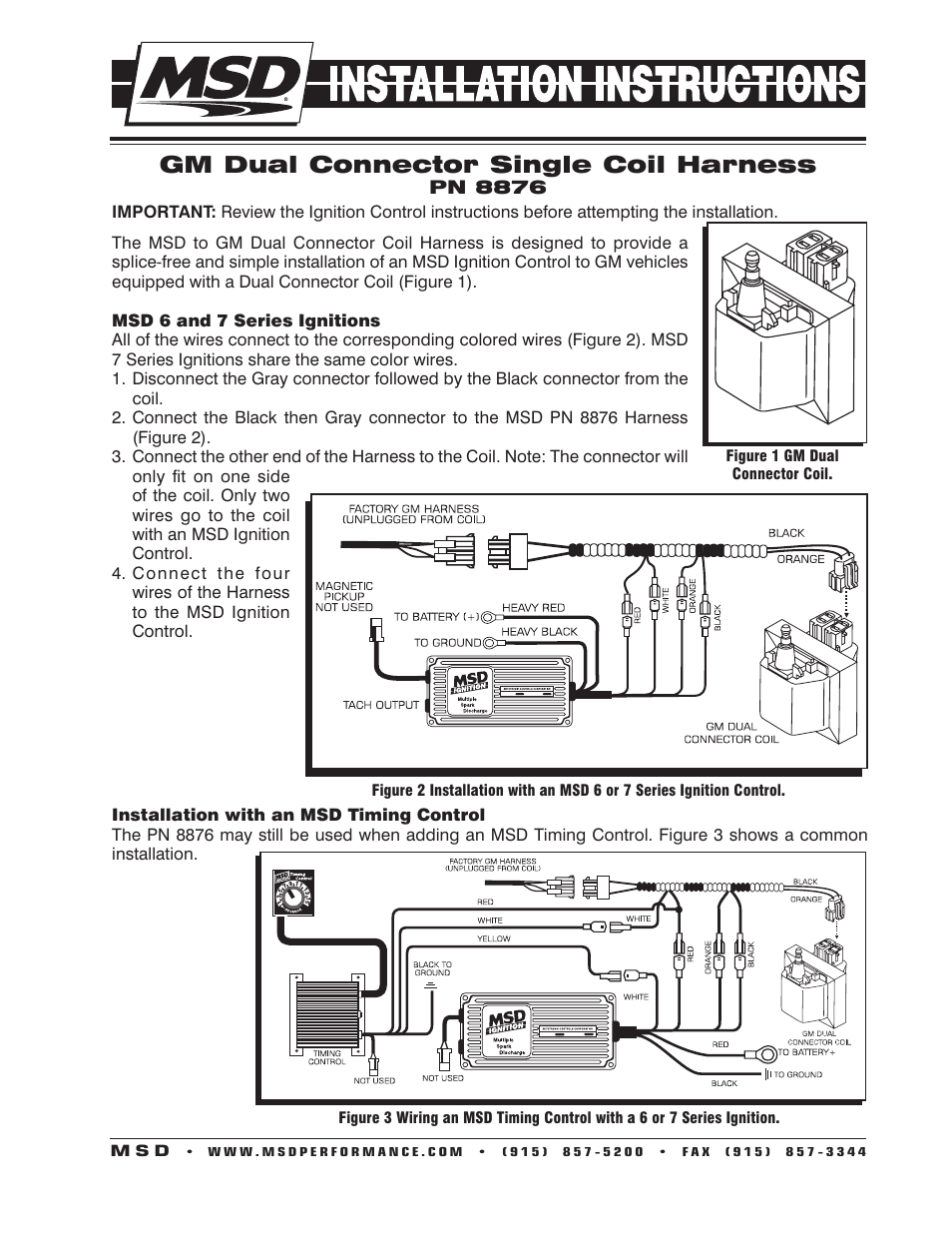 MSD 8876 Harness, MSD 6 to GM Dual Connector Coil Installation User Manual | 2 pages
