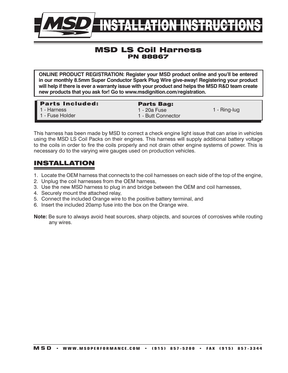 MSD 88867 LS Coil Harness Installation User Manual | 2 pages