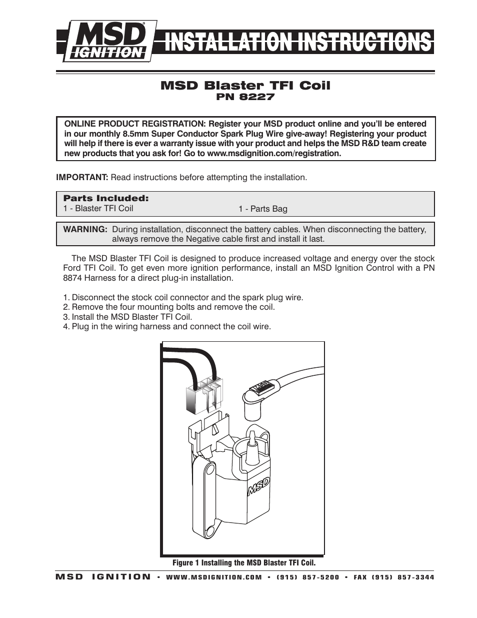 MSD 8227 Ford TFI Coil, Hi Performance Installation User Manual | 2 pages