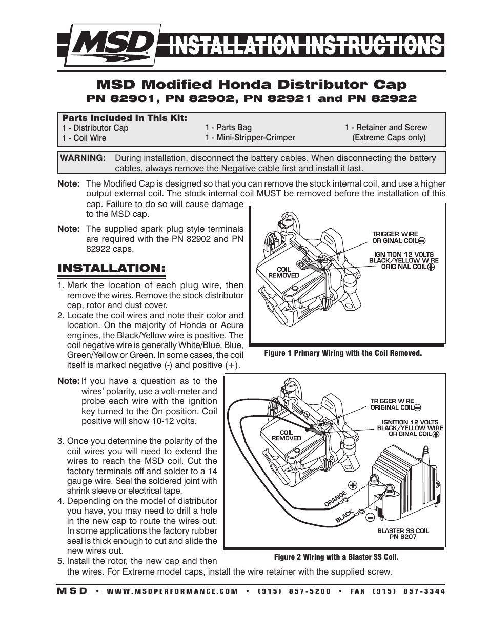 MSD 82921 Distributor Cap, Modified for Civic_Integra LS 92-00 Installation User Manual | 4 pages