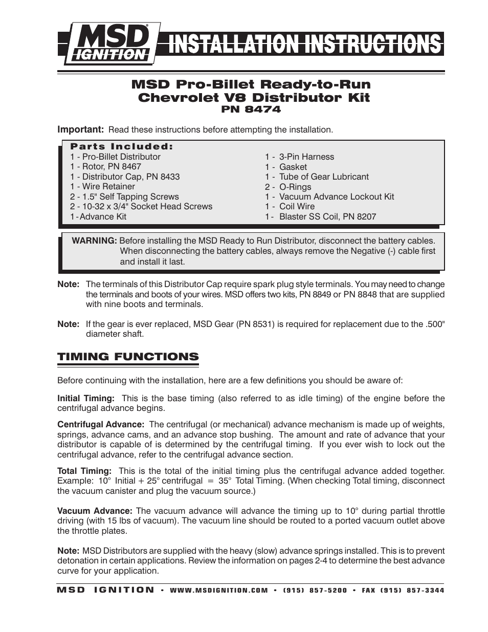 MSD 8474 HEI Distributor Kit Installation User Manual | 8 pages
