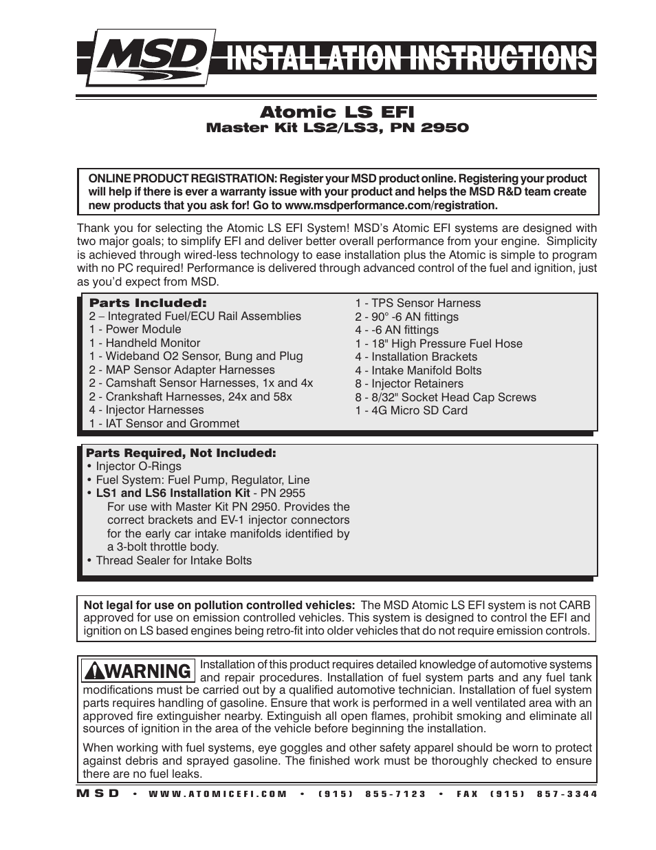 MSD 2950 Atomic LS2_LS3 Master Kit Installation User Manual | 20 pages