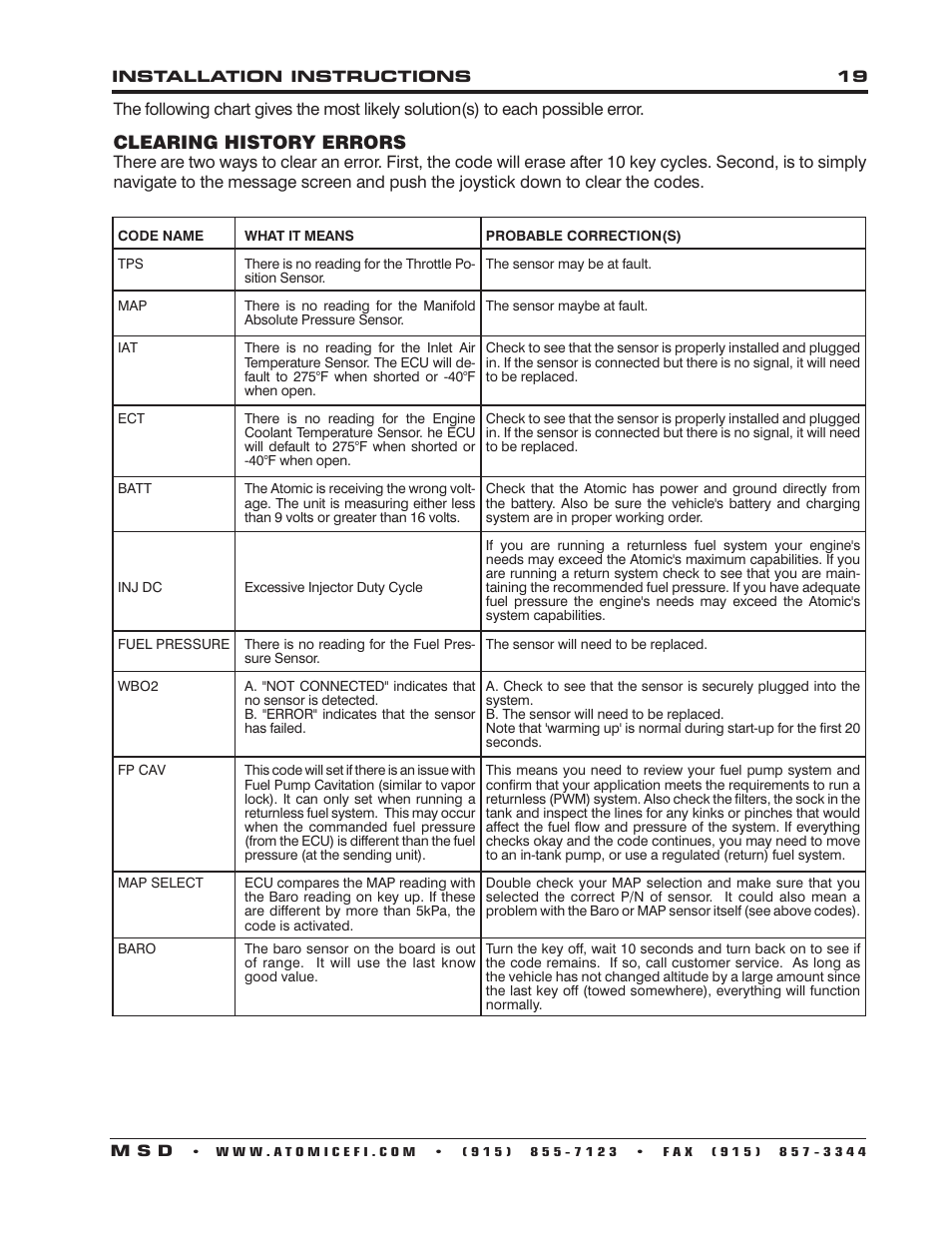 Clearing history errors | MSD 2950 Atomic LS2_LS3 Master Kit Installation User Manual | Page 19 / 20