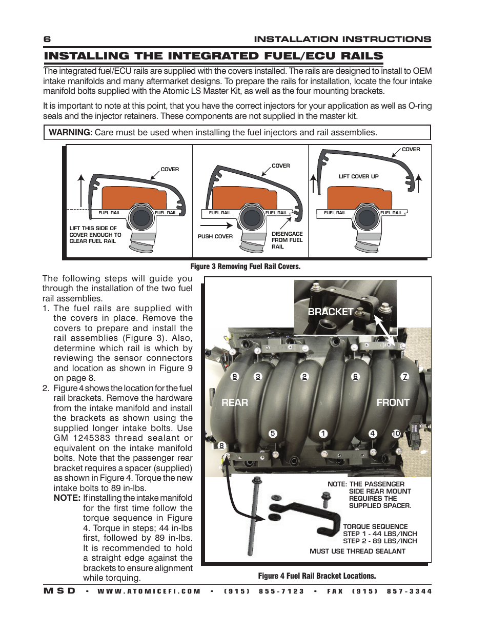 Installing the integrated fuel/ecu rails, Rear, Rear front bracket | MSD 2950 Atomic LS2_LS3 Master Kit Installation User Manual | Page 6 / 20