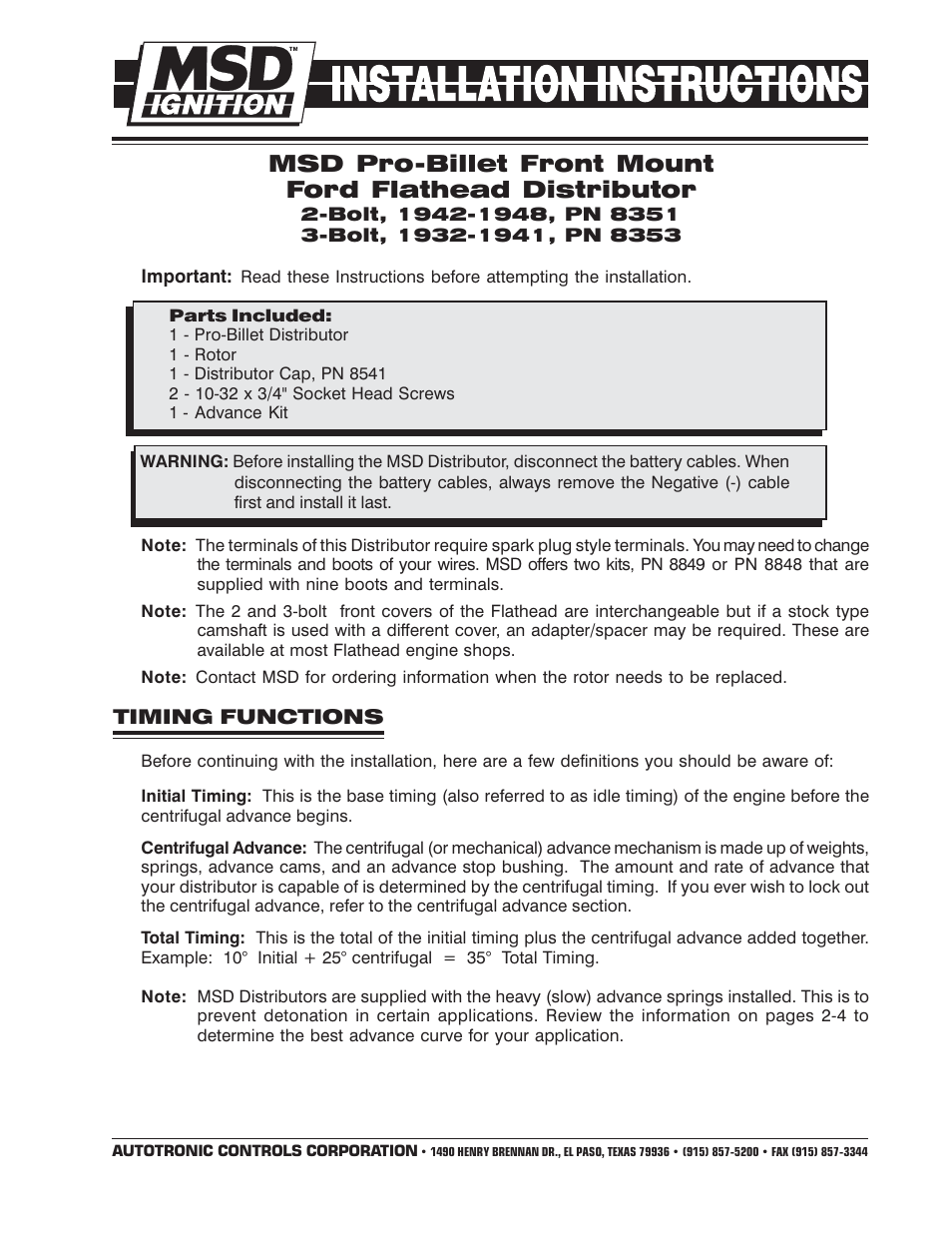 MSD 8353 Ford Front Mount Flathead Pro-Billet Distributor Installation User Manual | 8 pages