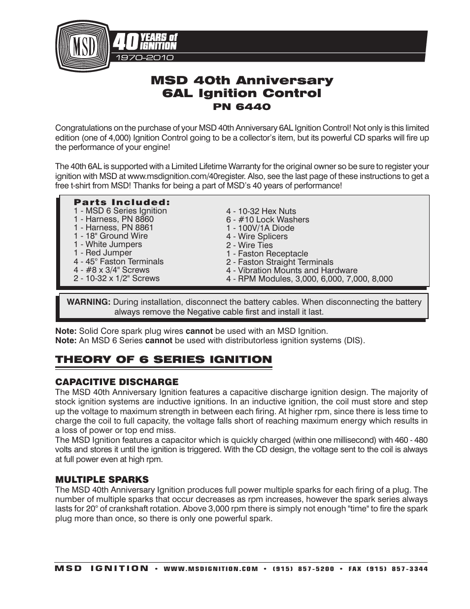 MSD 6440 40th Anniversary 6AL Ignition Control Installation User Manual | 16 pages
