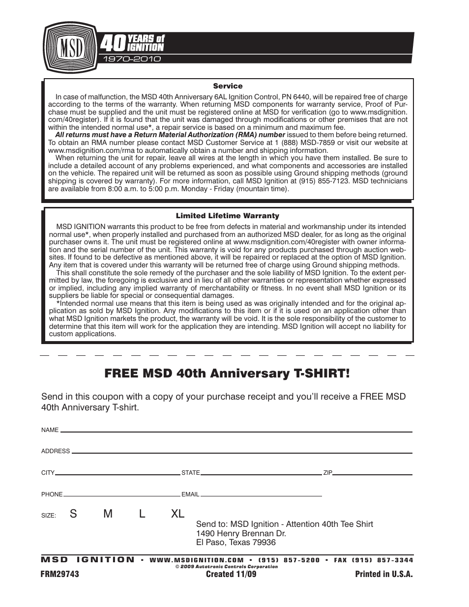Free msd 40th anniversary t-shirt, S m l xl | MSD 6440 40th Anniversary 6AL Ignition Control Installation User Manual | Page 16 / 16