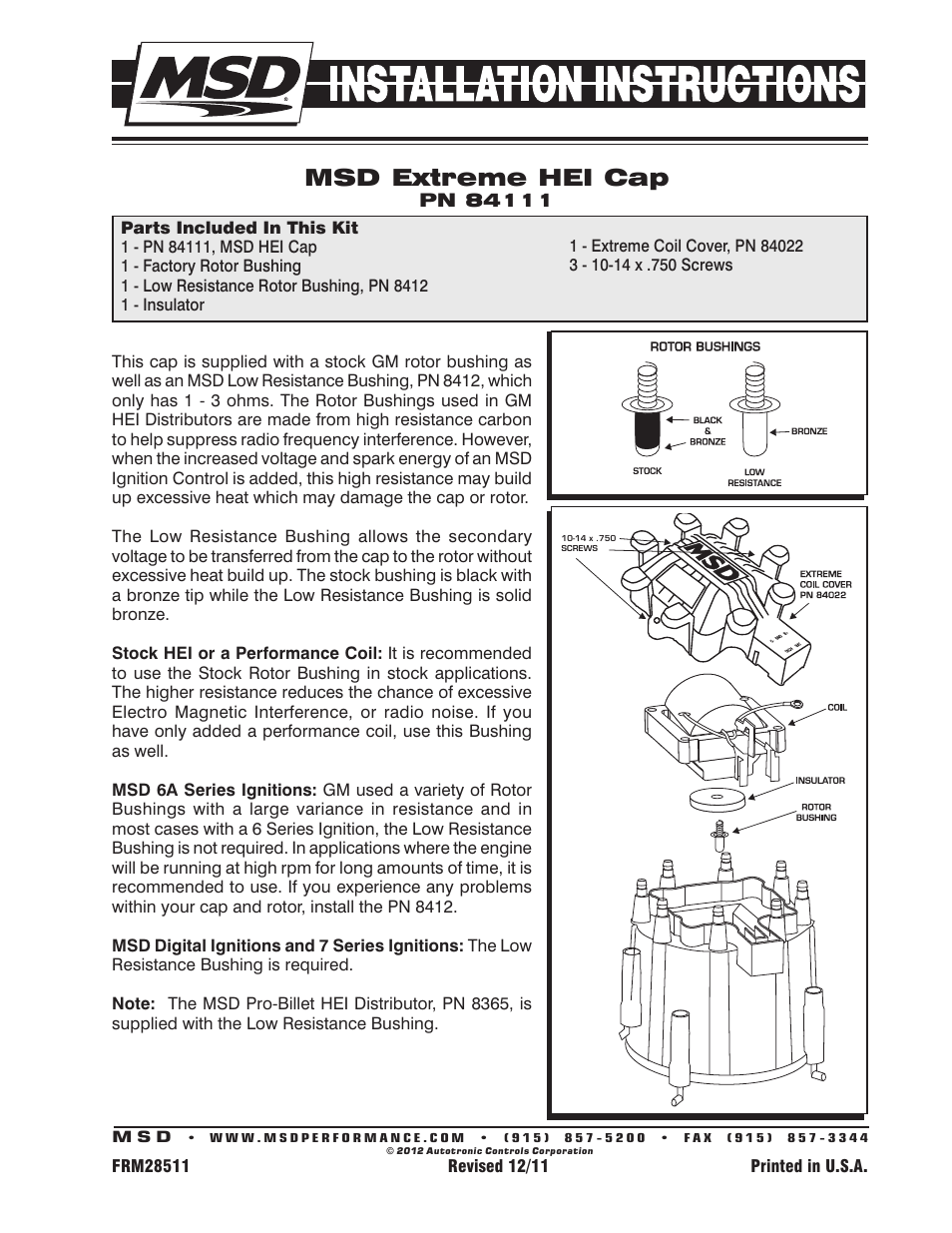 MSD 84111 HEI Extreme Cap and Rotor Kit includes Installation User Manual | 1 page