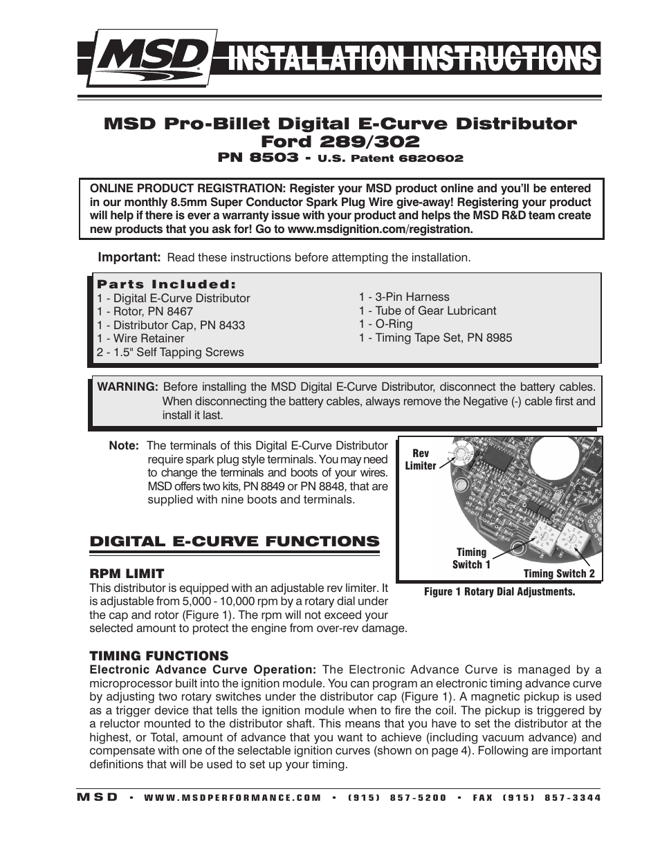 MSD 8503 Ford 289, 302 E-Curve Pro-Billet Distributor Installation User Manual | 8 pages