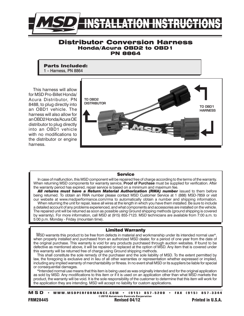 MSD 8864 Distributor Adapter Cable, Honda_Acura OBDII to OBDI Installation User Manual | 1 page