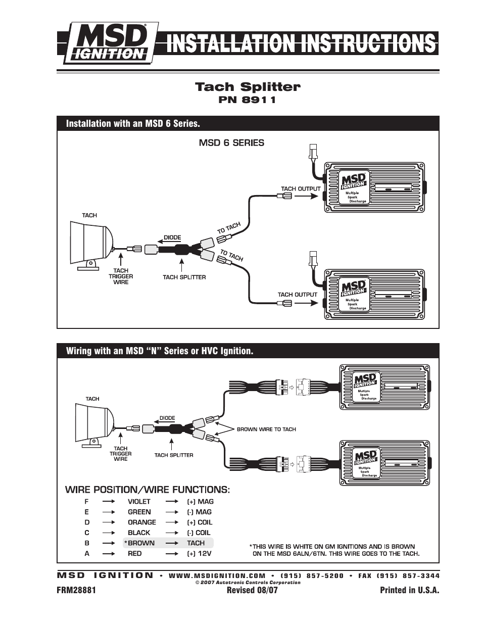 MSD 8911 Tach Splitter, Dual Ignition Systems Installation User Manual | 1 page