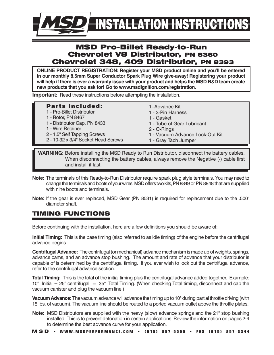 MSD 8360 Chevy V8 w_Internal Module Distributor Installation User Manual | 8 pages