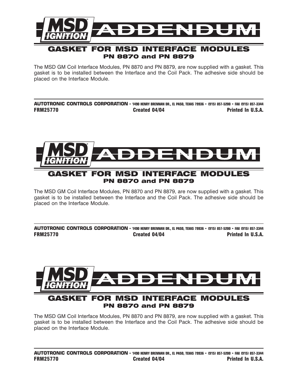 MSD 8870 Coil Interface Block,GM Dual Tower Coils User Manual | 1 page