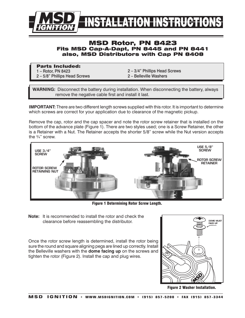 MSD 84085 Cap_Rotor Kit (8408, 8423) Installation User Manual | 2 pages