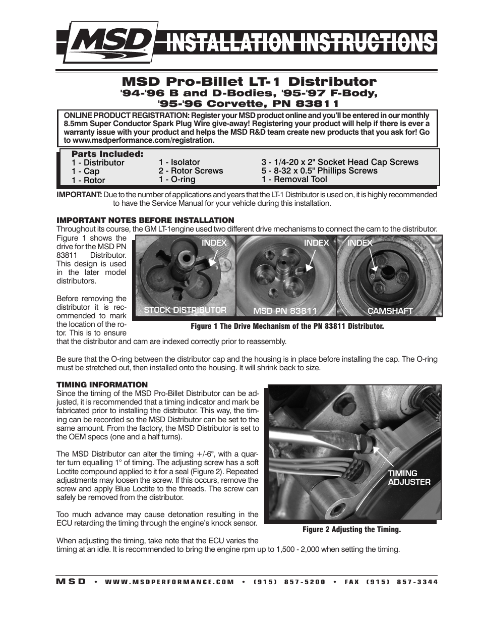 MSD 83811 GM LT-1 5.7L Distributor 95-97 Installation User Manual | 4 pages