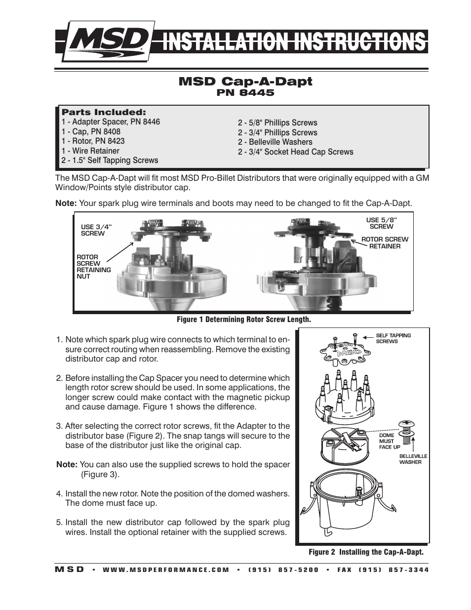 MSD 8445 Cap-A-Dapt Kit, Fixed Rotor Installation User Manual | 2 pages