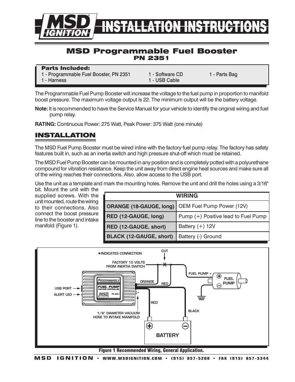MSD 2351 Programmable Fuel Pump Voltage Booster Installation User Manual | 4 pages