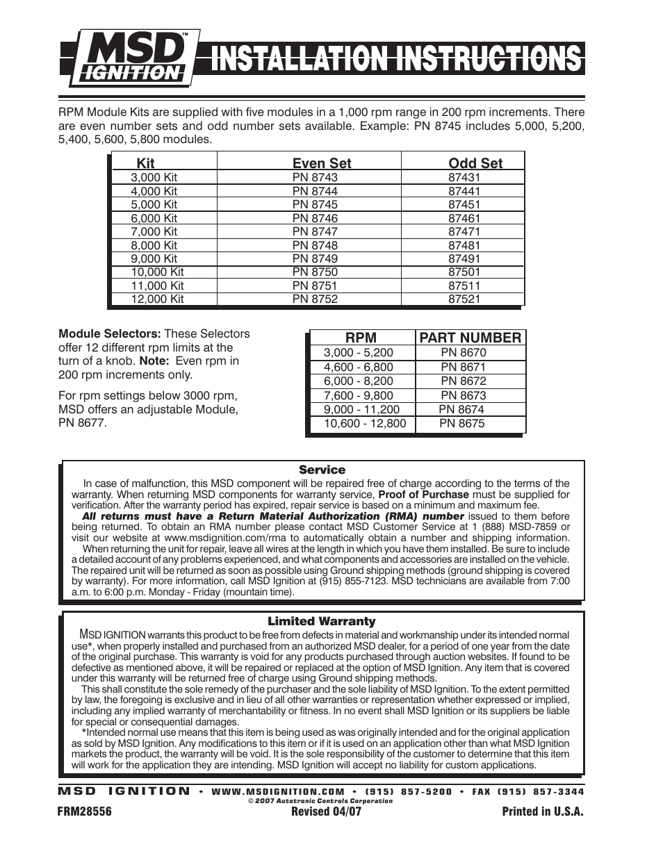 Kit even set odd set, Rpm part number | MSD 8738 Soft Touch Rev Control for use with MSD 6T Installation User Manual | Page 2 / 2